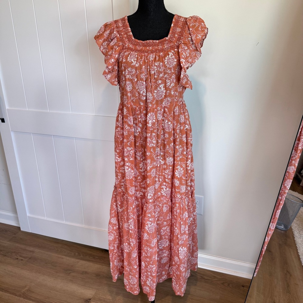 Free People Bonita Floral Print Midi Dress Rust Smocked Tiered OB1289624 XS